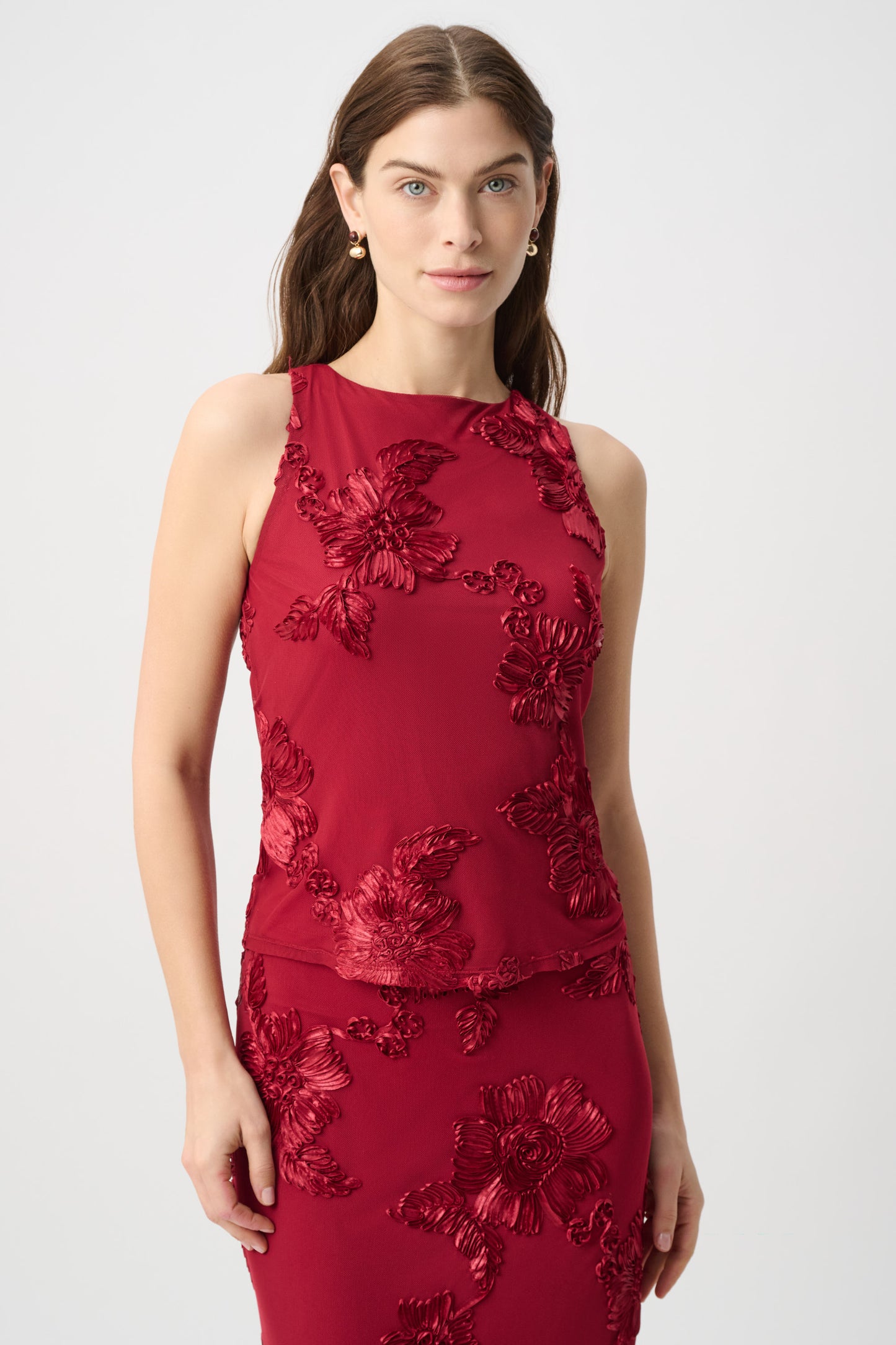 Joseph Ribkoff Embroidered Sleeveless Top Deep Cherry