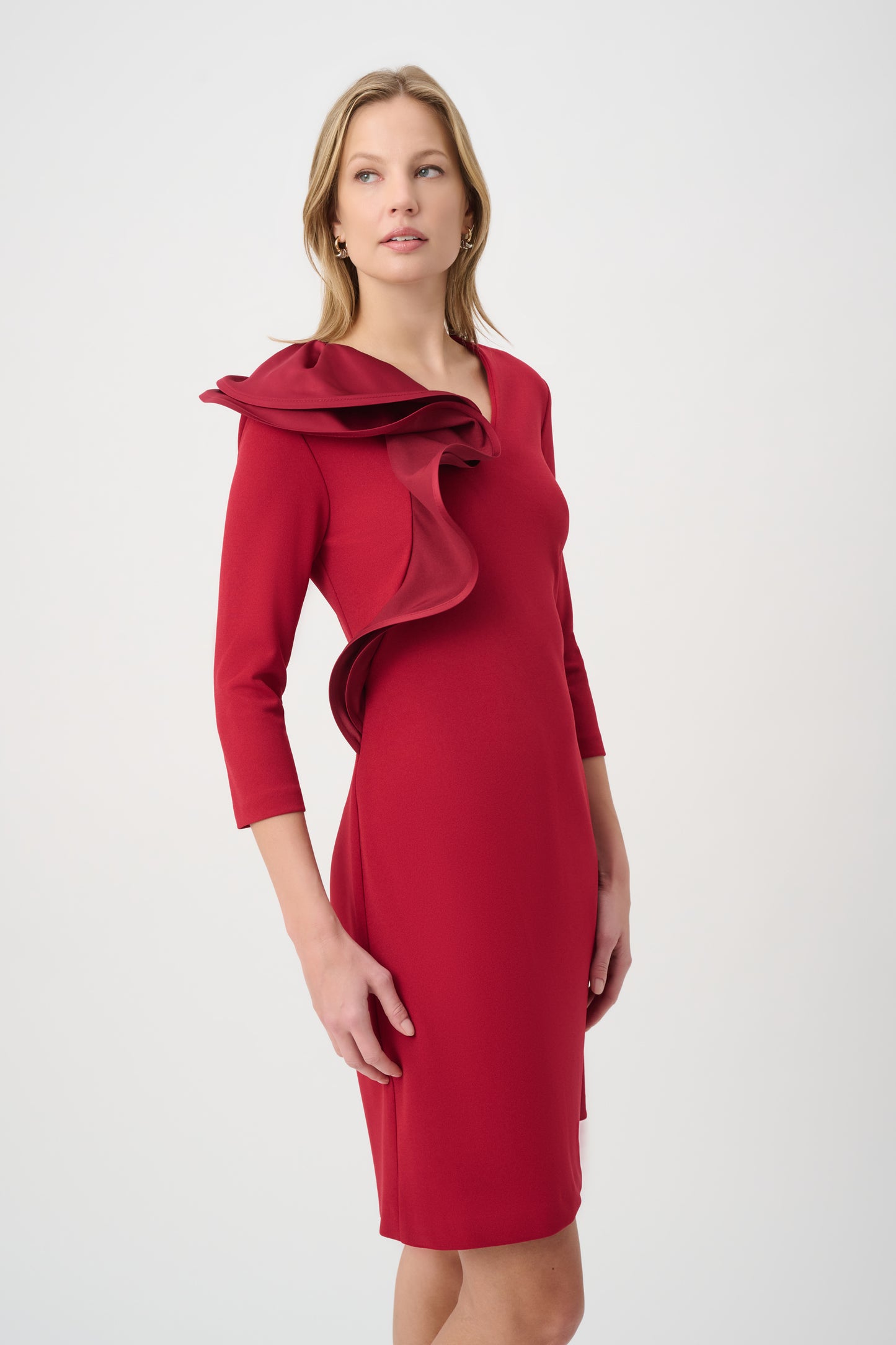 Joseph Ribkoff Statement Ruffle A-Line Dress Deep Cherry