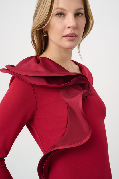 Joseph Ribkoff Statement Ruffle A-Line Dress Deep Cherry
