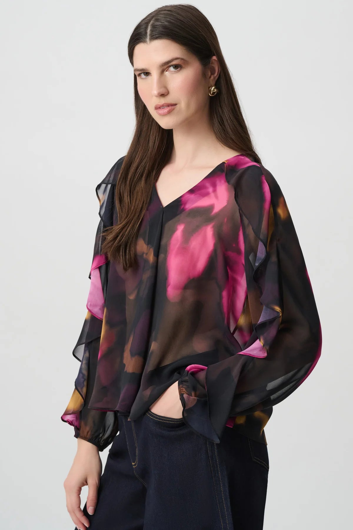 Joseph Ribkoff Chiffon V-Neck Ruffle Top Black/Multi