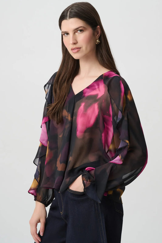Joseph Ribkoff Chiffon V-Neck Ruffle Top Black/Multi