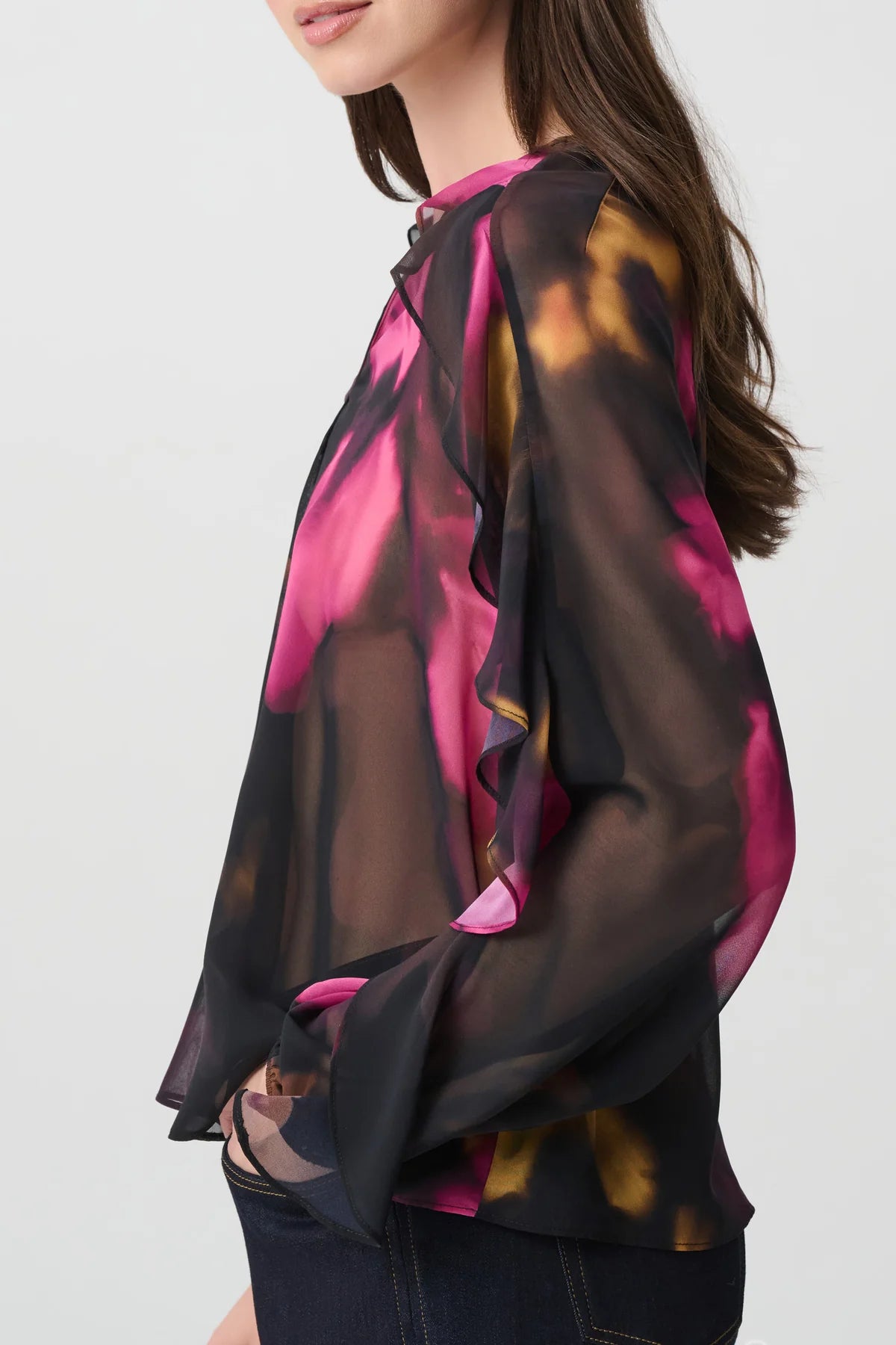 Joseph Ribkoff Chiffon V-Neck Ruffle Top Black/Multi