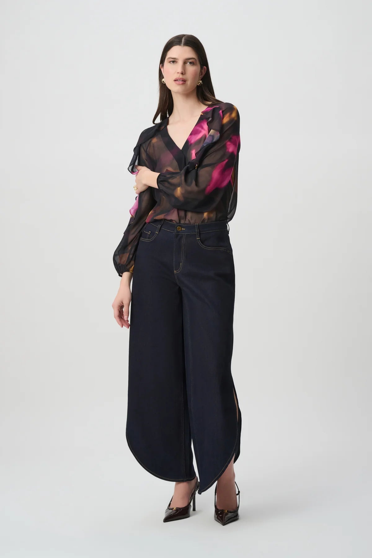 Joseph Ribkoff Chiffon V-Neck Ruffle Top Black/Multi
