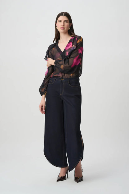 Joseph Ribkoff Chiffon V-Neck Ruffle Top Black/Multi