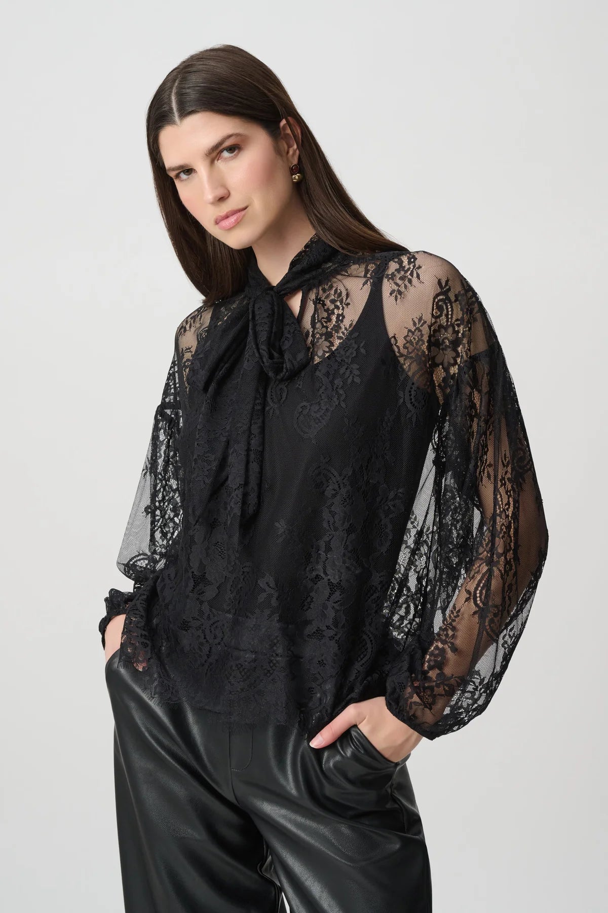 Joseph Ribkoff Lace Bow Neck Blouse Black