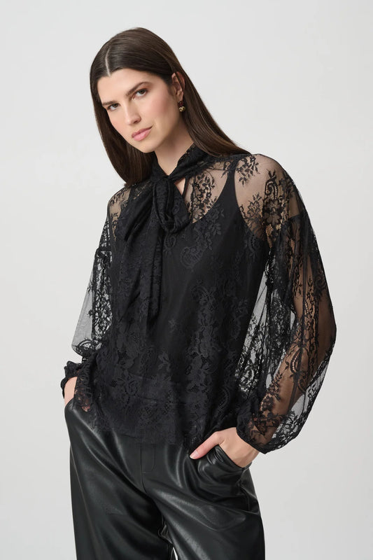 Joseph Ribkoff Lace Bow Neck Blouse Black