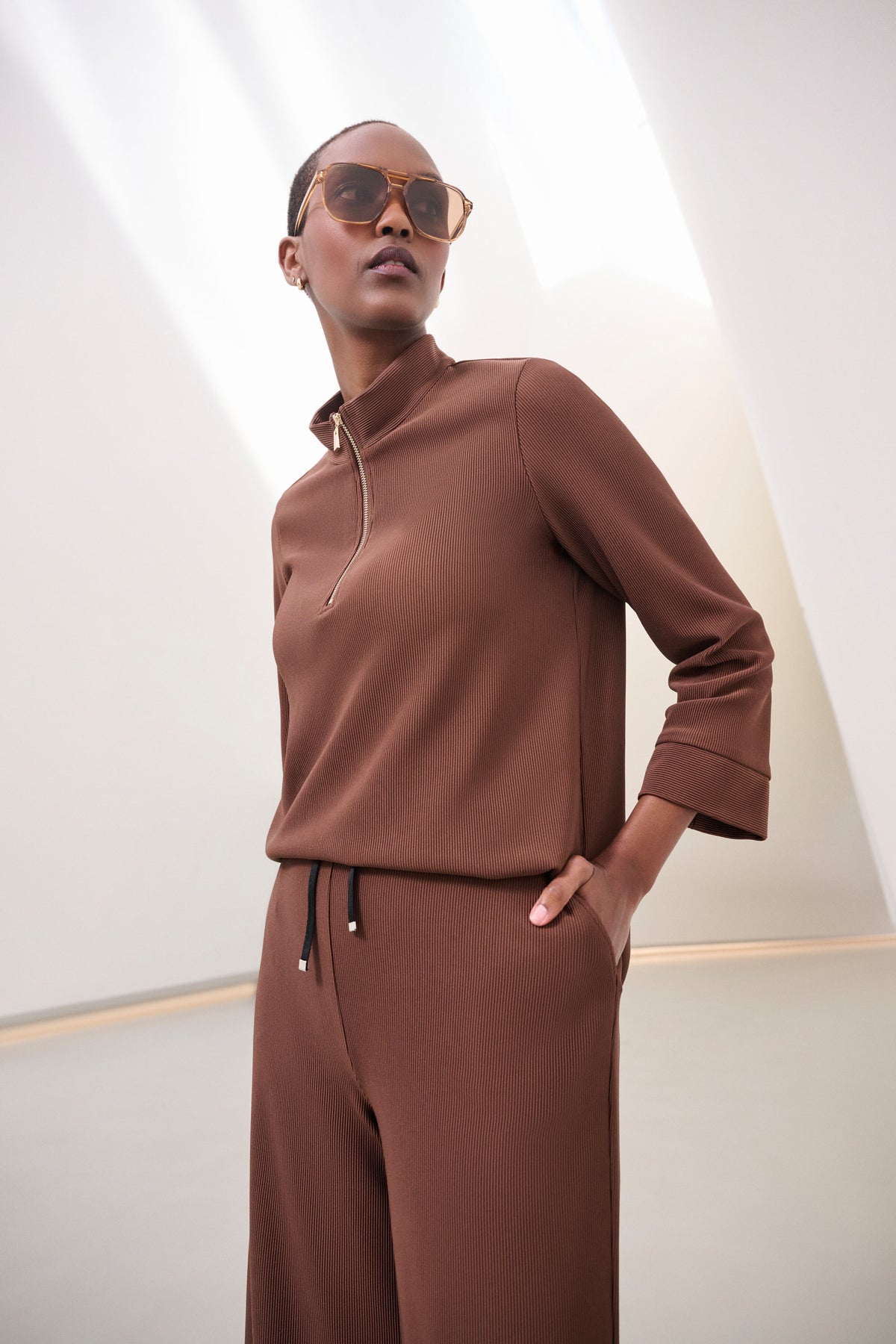 Joseph Ribkoff Rib Knit Half Zip Top Mahogany