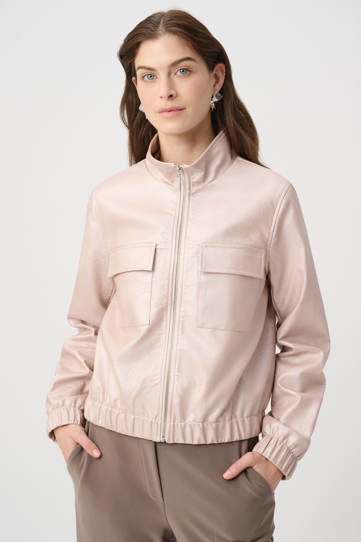 Joseph Ribkoff Metallic Leatherette Bomber Pearl Blush