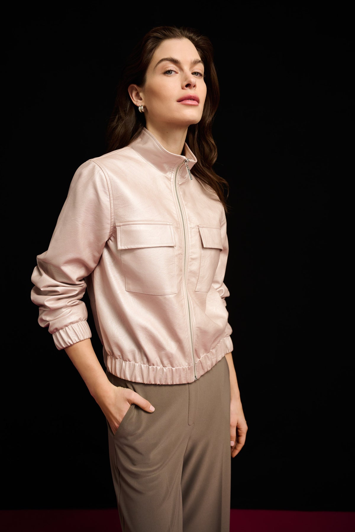 Joseph Ribkoff Metallic Leatherette Bomber Pearl Blush