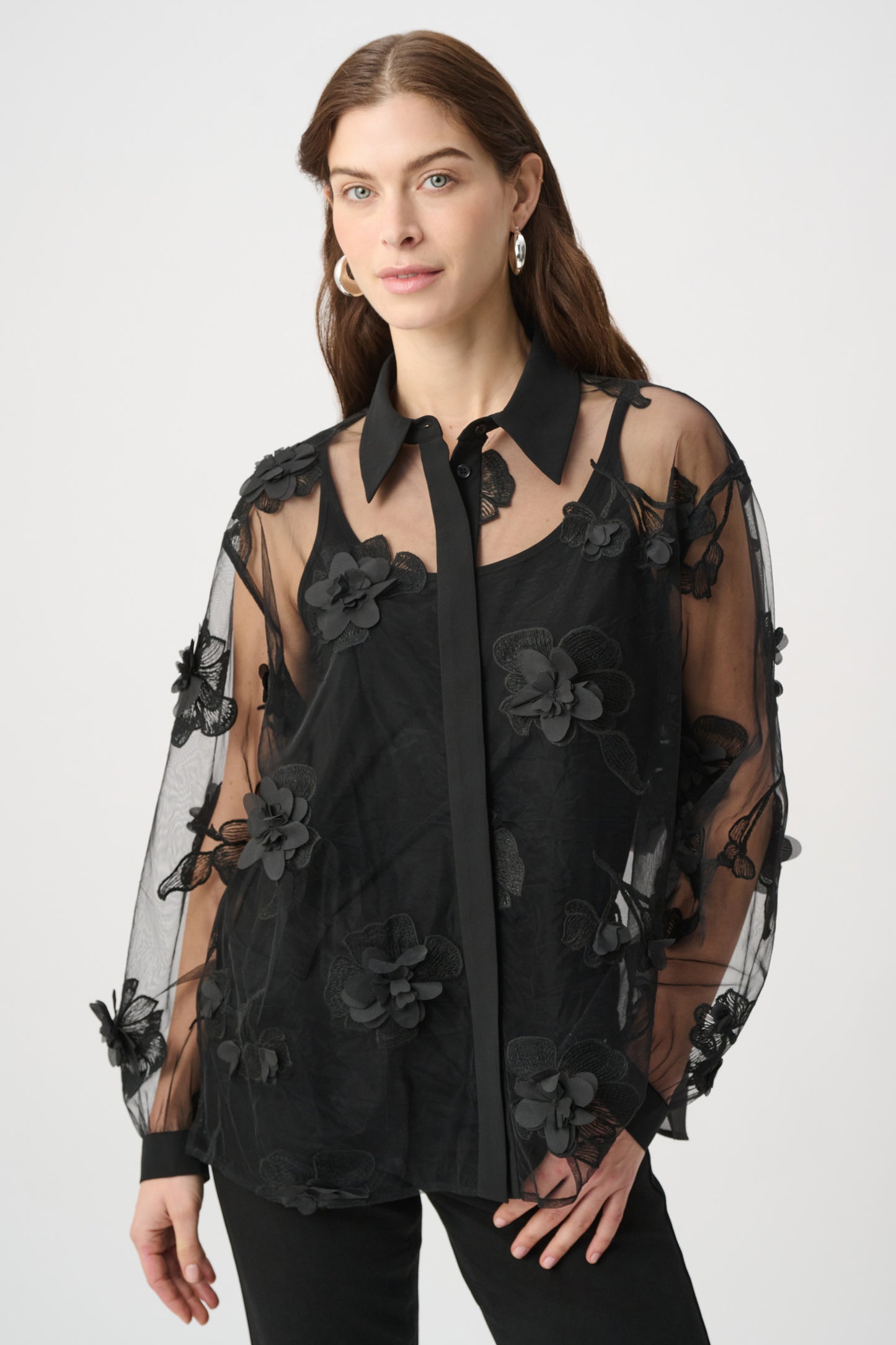 Joseph Ribkoff Sheer Textured Appliqué Blouse Black