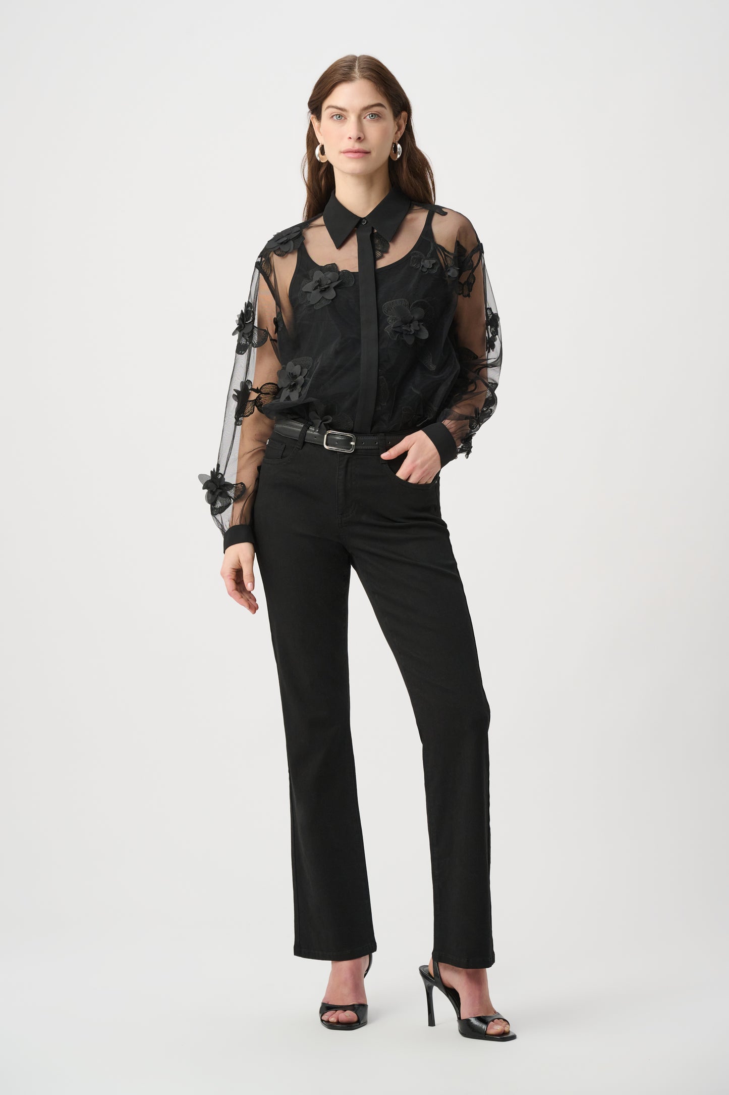 Joseph Ribkoff Sheer Textured Appliqué Blouse Black