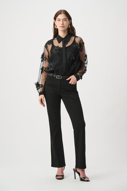 Joseph Ribkoff Sheer Textured Appliqué Blouse Black