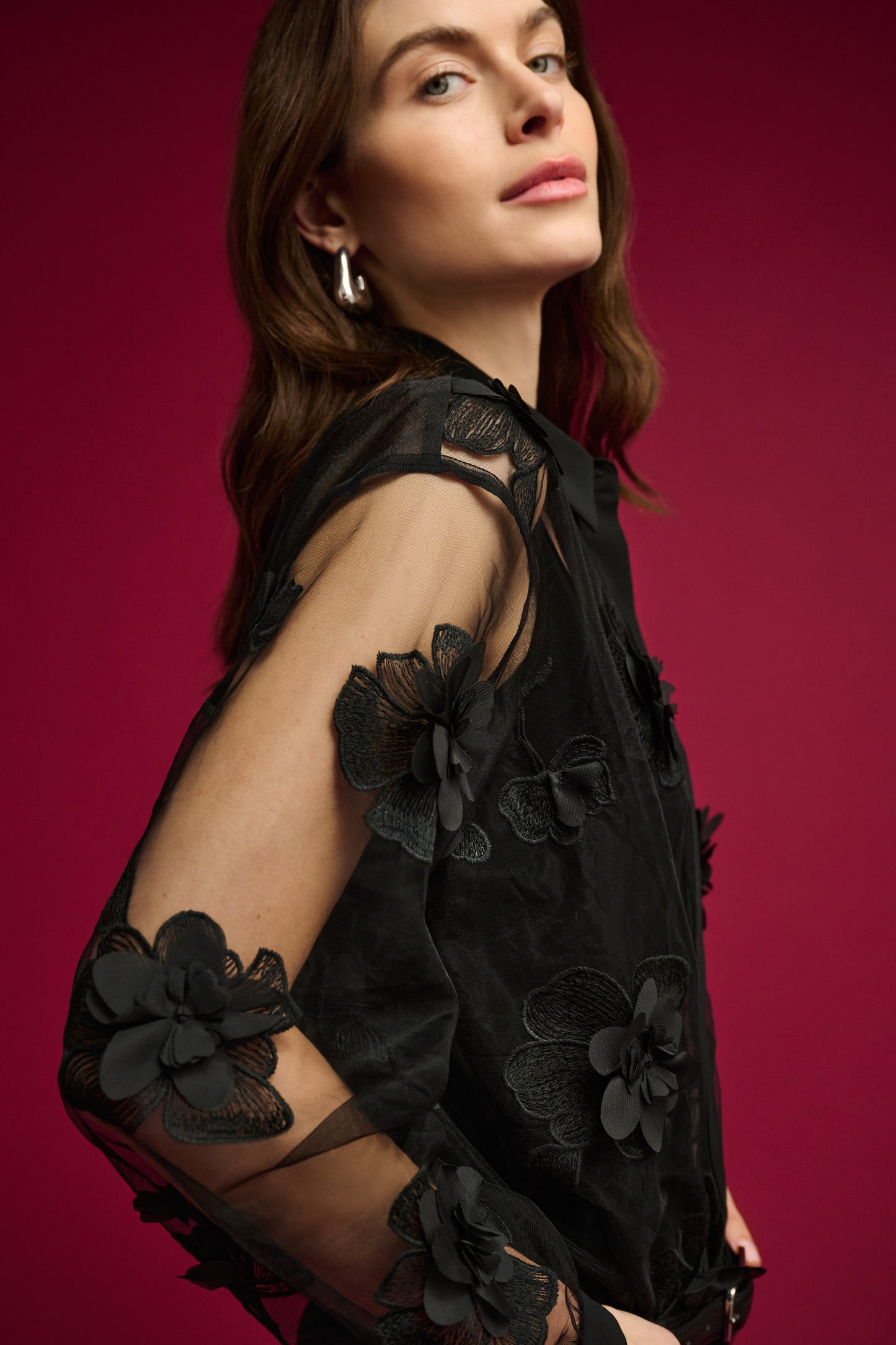 Joseph Ribkoff Sheer Textured Appliqué Blouse Black