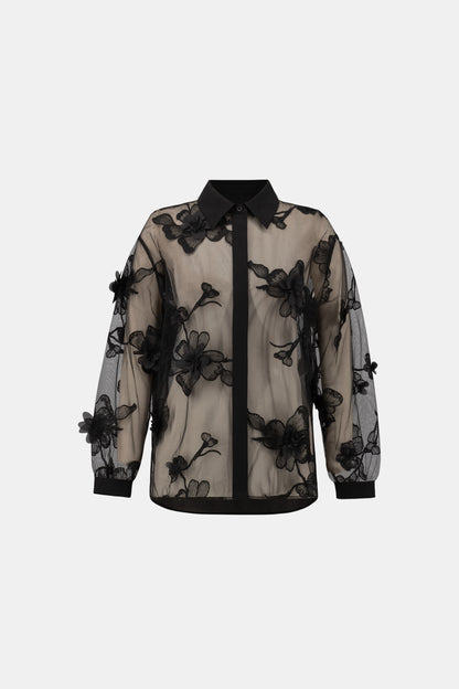 Joseph Ribkoff Sheer Textured Appliqué Blouse Black