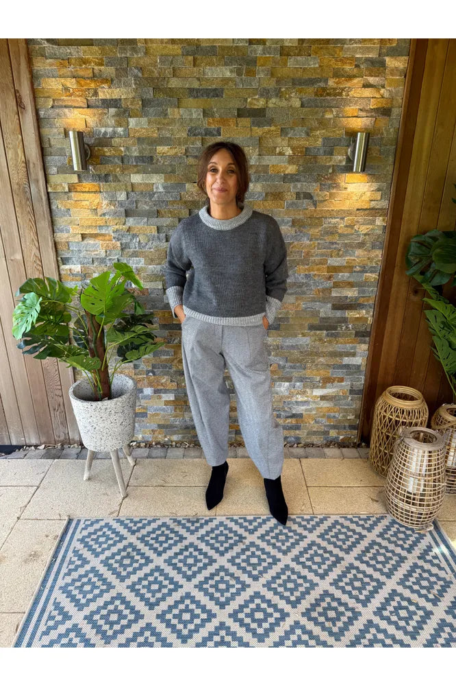 D.E.C.K  Dark Grey Herringbone Barrel Trousers