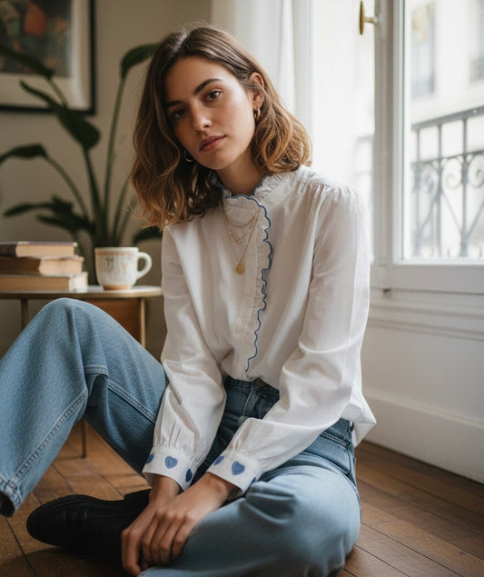 Emilie Ruffle Blue Trim Shirt