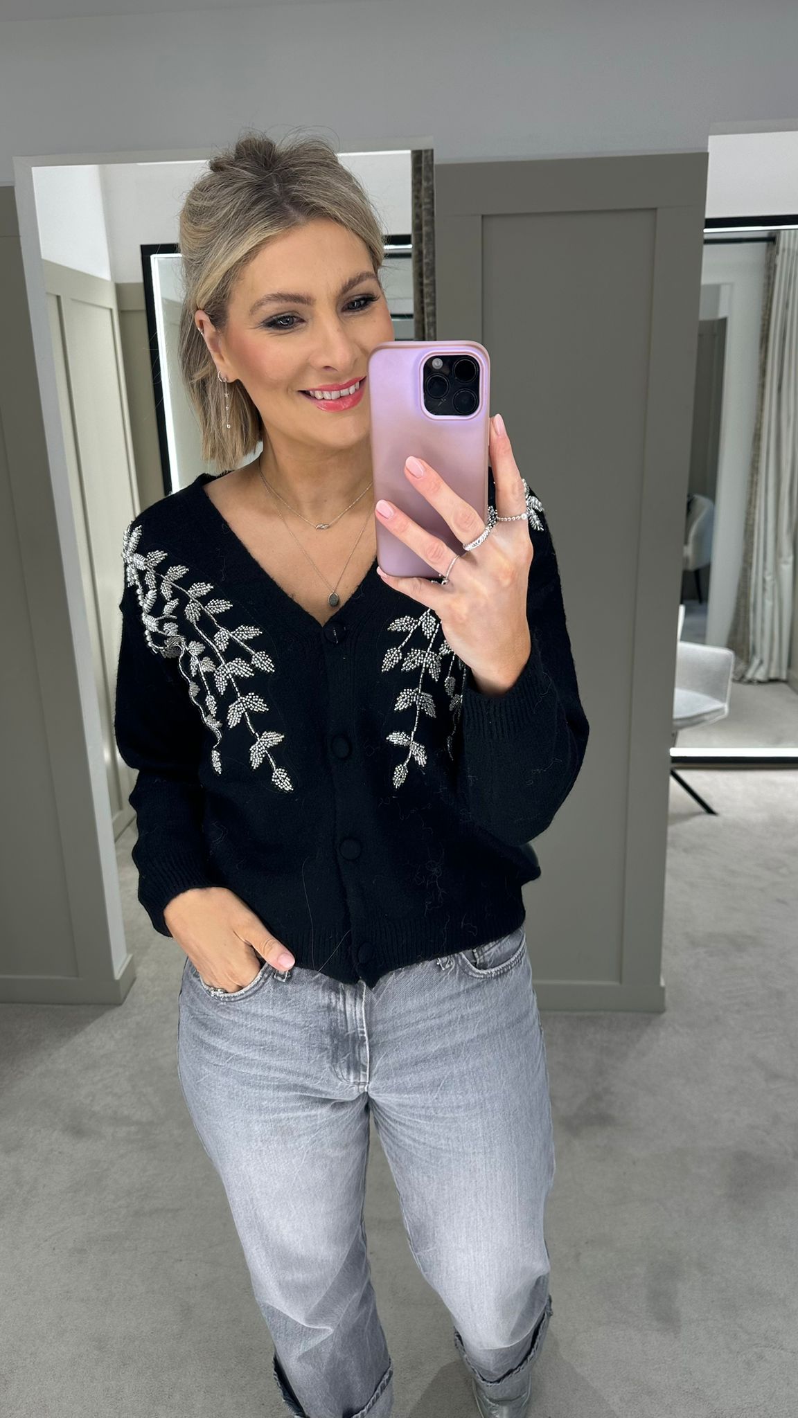 Kayla Floral Embellishment Cardigan Black