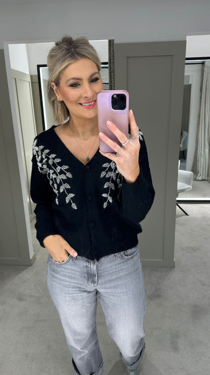 Kayla Floral Embellishment Cardigan Black