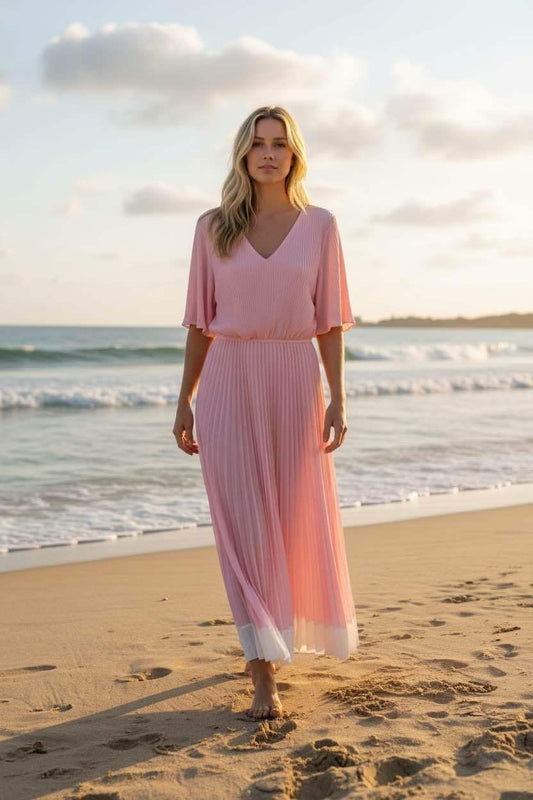 Katie White Trim Pleated Dress-Pink