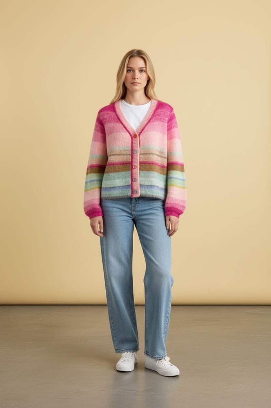 Maggie Multi Stripe Cardi Hot Pink