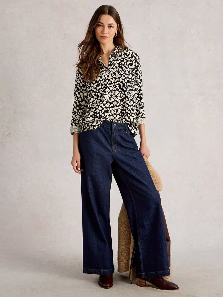 White Stuff Sophie Printed Shirt Black Print and Ivory Multi