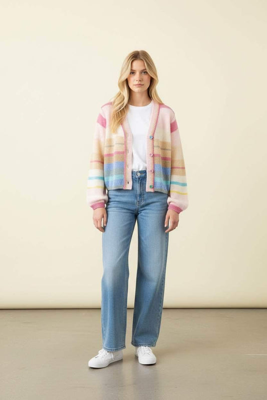 Maggie Multi Stripe Cardi Pale Pink