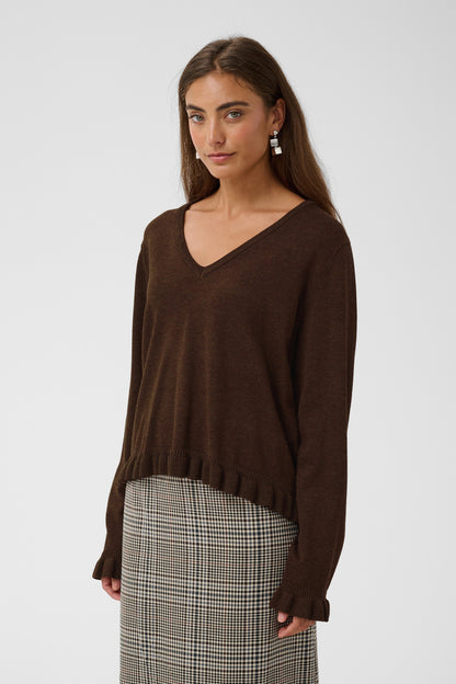 Culture Clare Annemarie Frill Vneck Pullover Coffee Bean