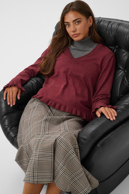 Culture Clare Annemarie Frill Vneck Pullover Chocolate Truffle