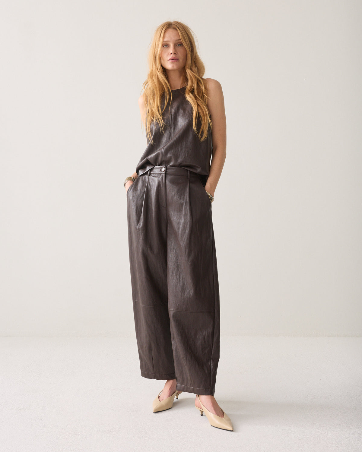 Summum Balloon Faux Leather Trousers Sepia Brown