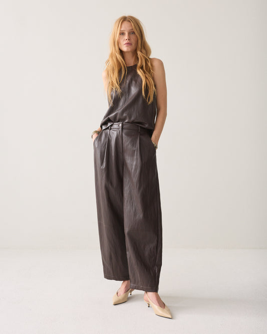 Summum Balloon Faux Leather Trousers Sepia Brown