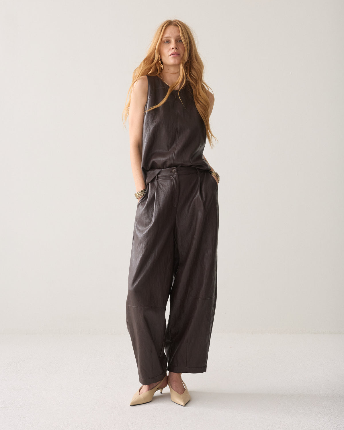 Summum Balloon Faux Leather Trousers Sepia Brown