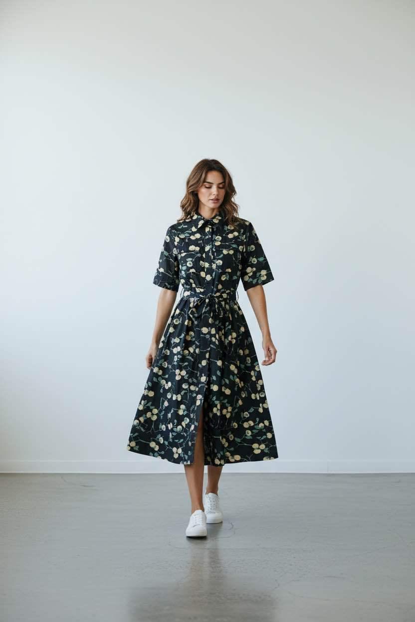 Helena Print Shirt Dress Black