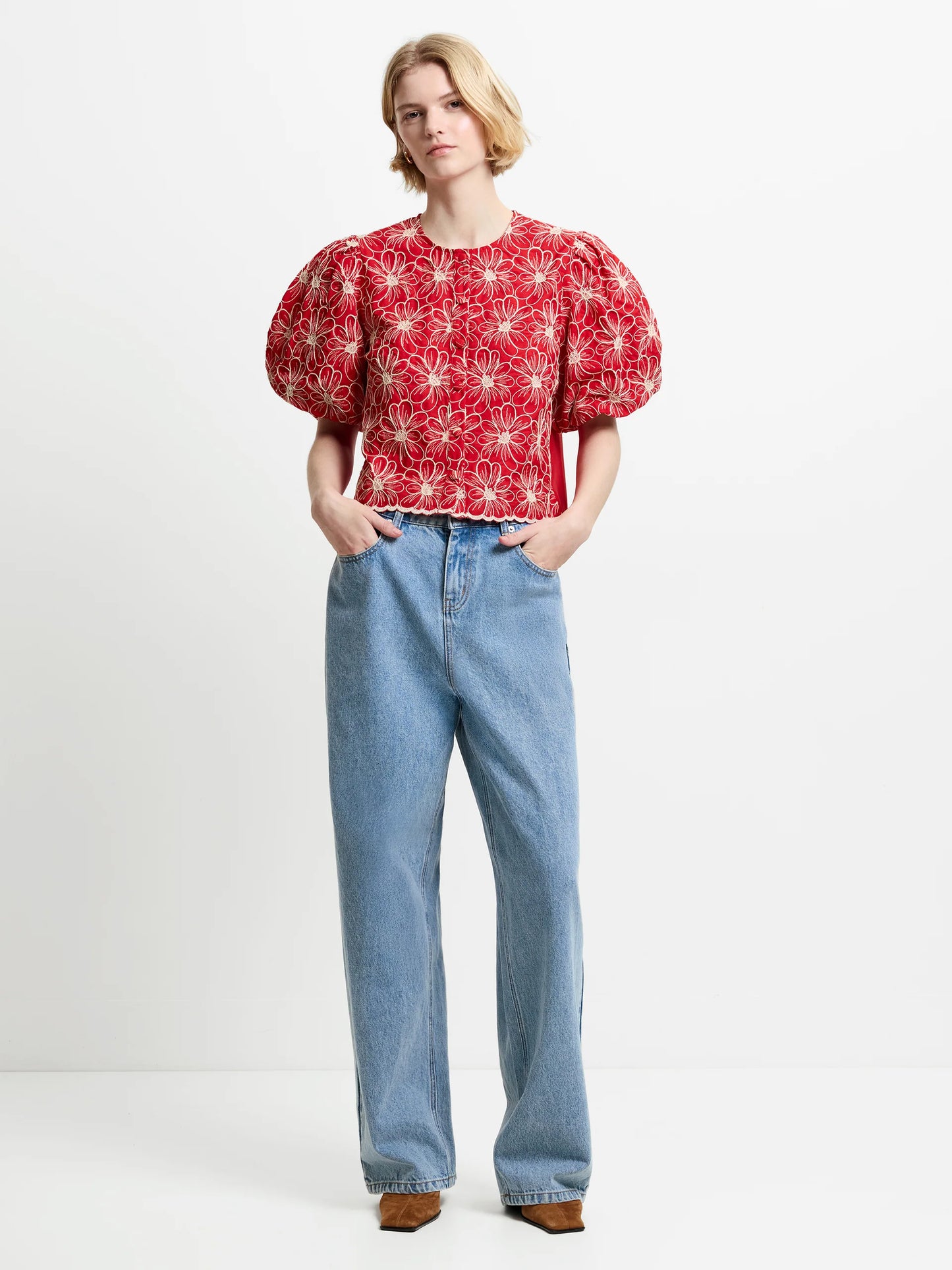 French Connection Embroidered Puff Sleeve Top