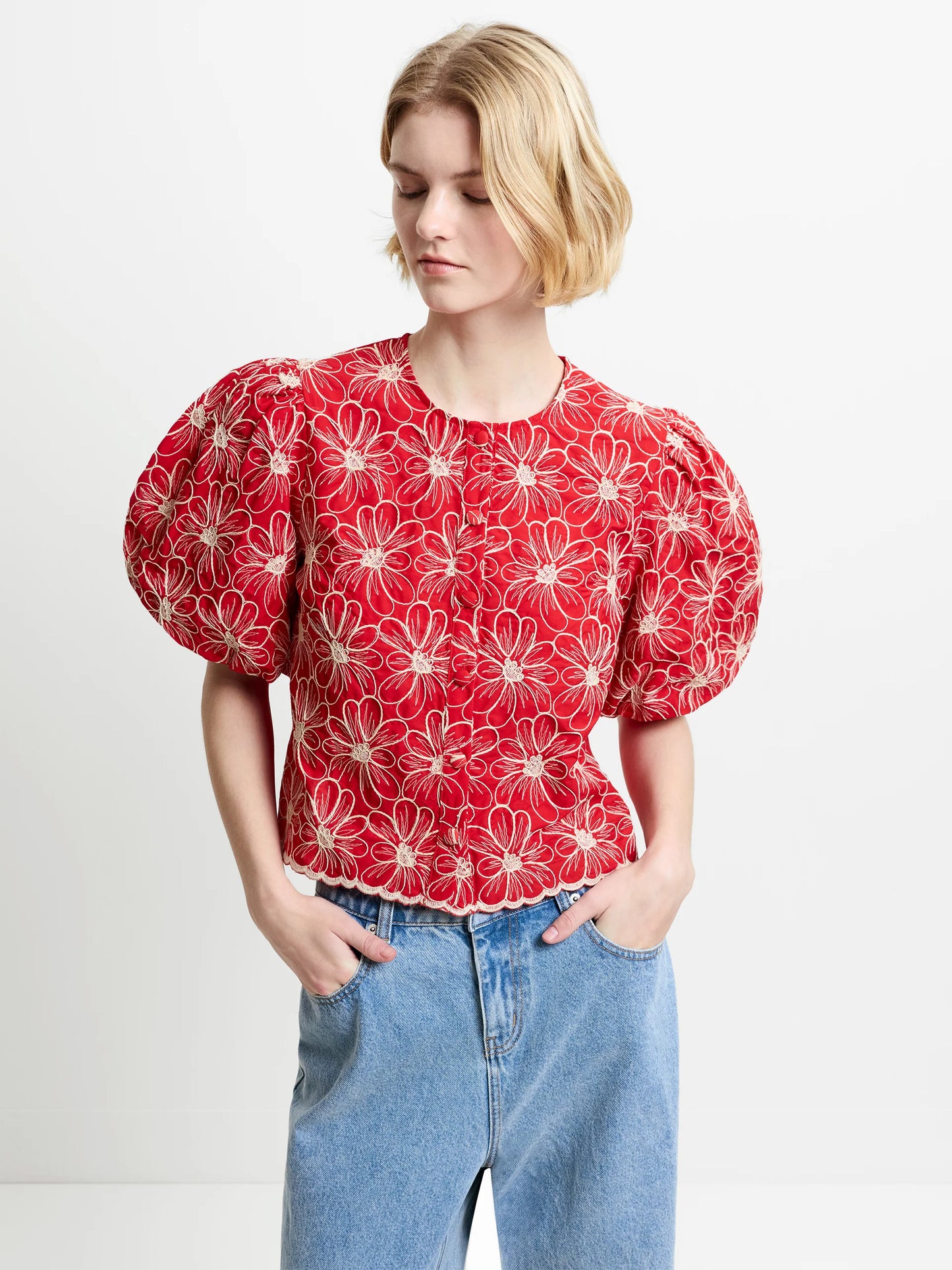 French Connection Embroidered Puff Sleeve Top