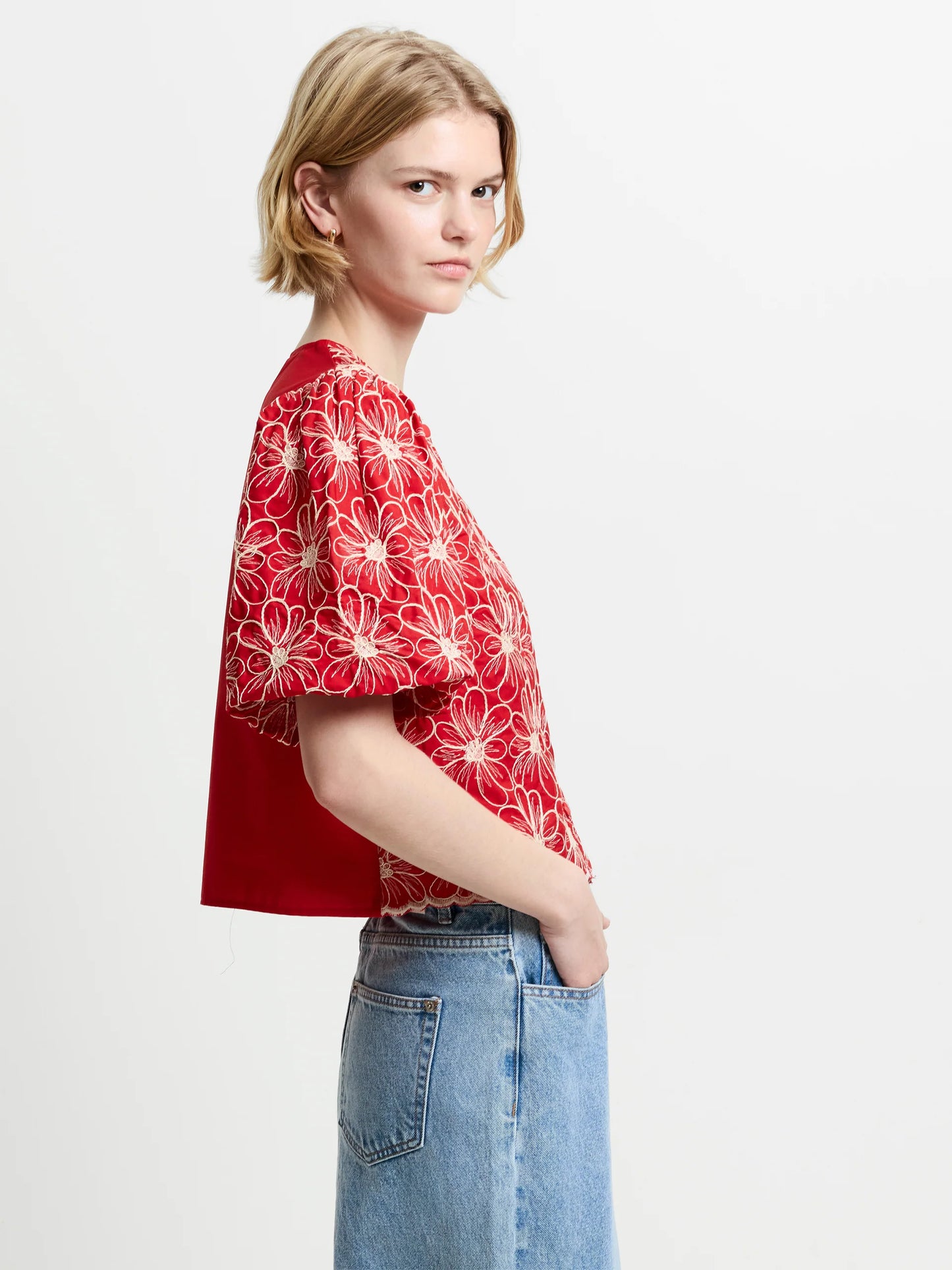 French Connection Embroidered Puff Sleeve Top