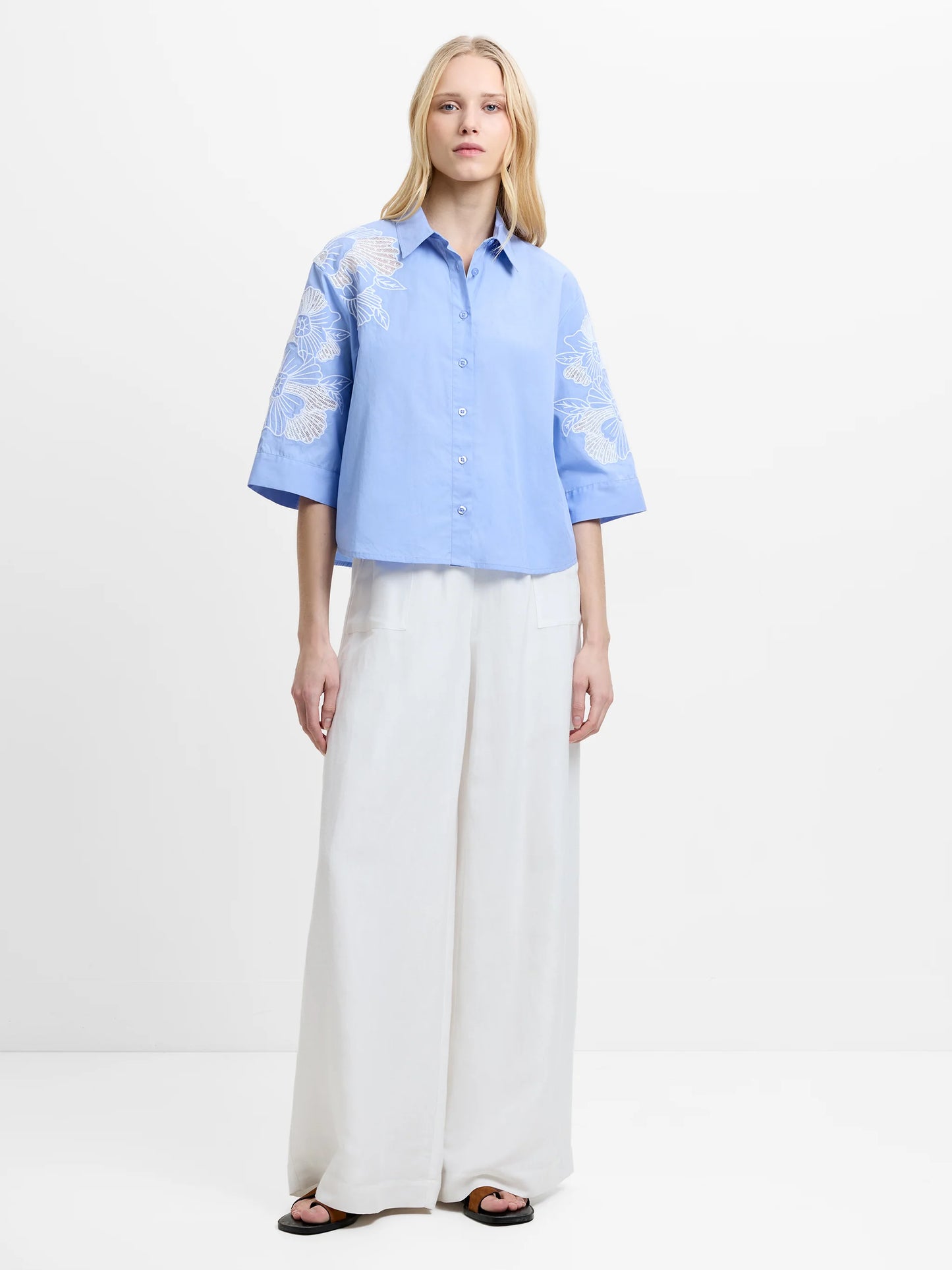 French Connection Cambria Floral Embroidered Blue Shirt