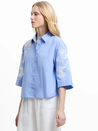 French Connection Cambria Floral Embroidered Blue Shirt