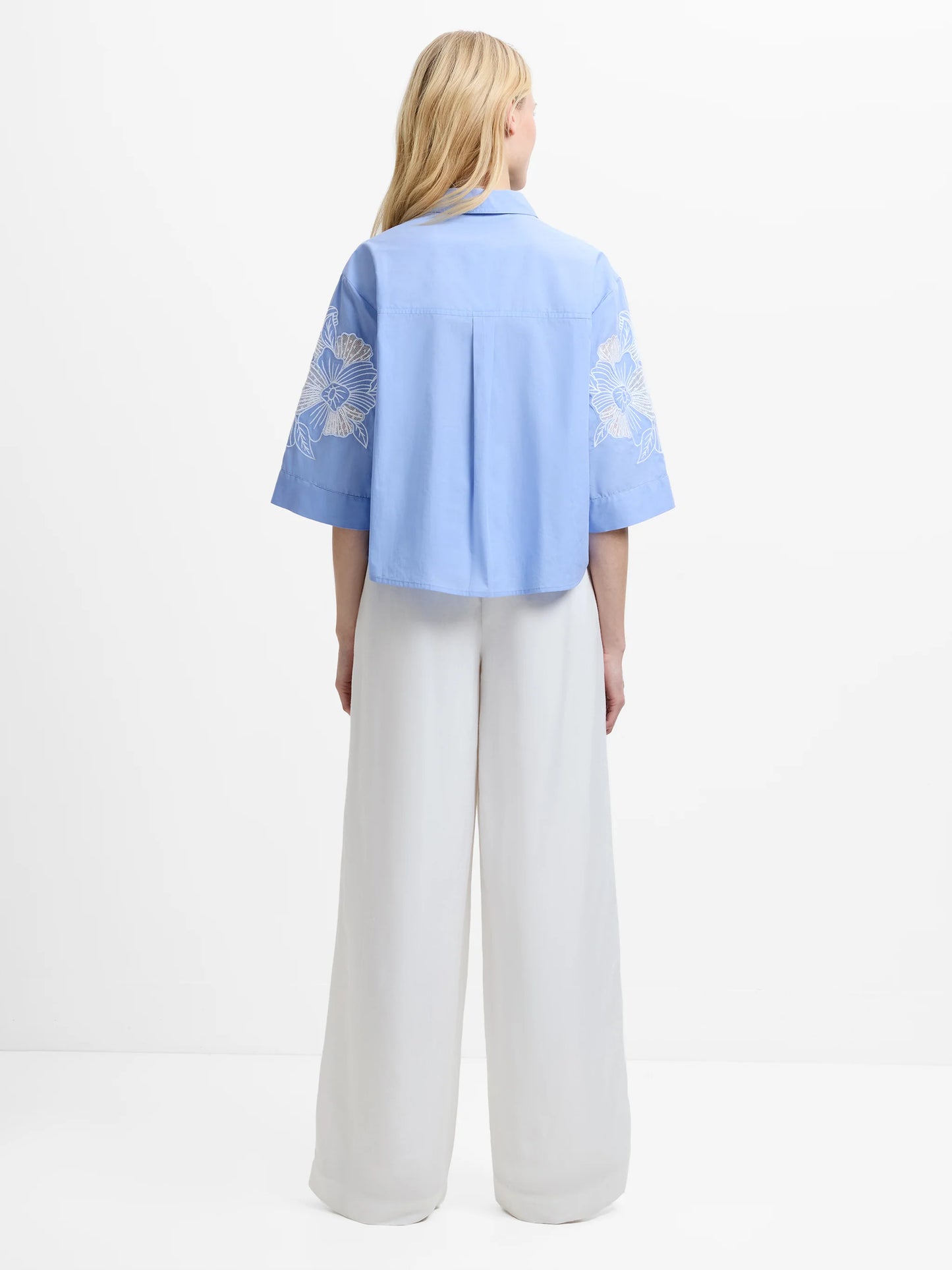 French Connection Cambria Floral Embroidered Blue Shirt