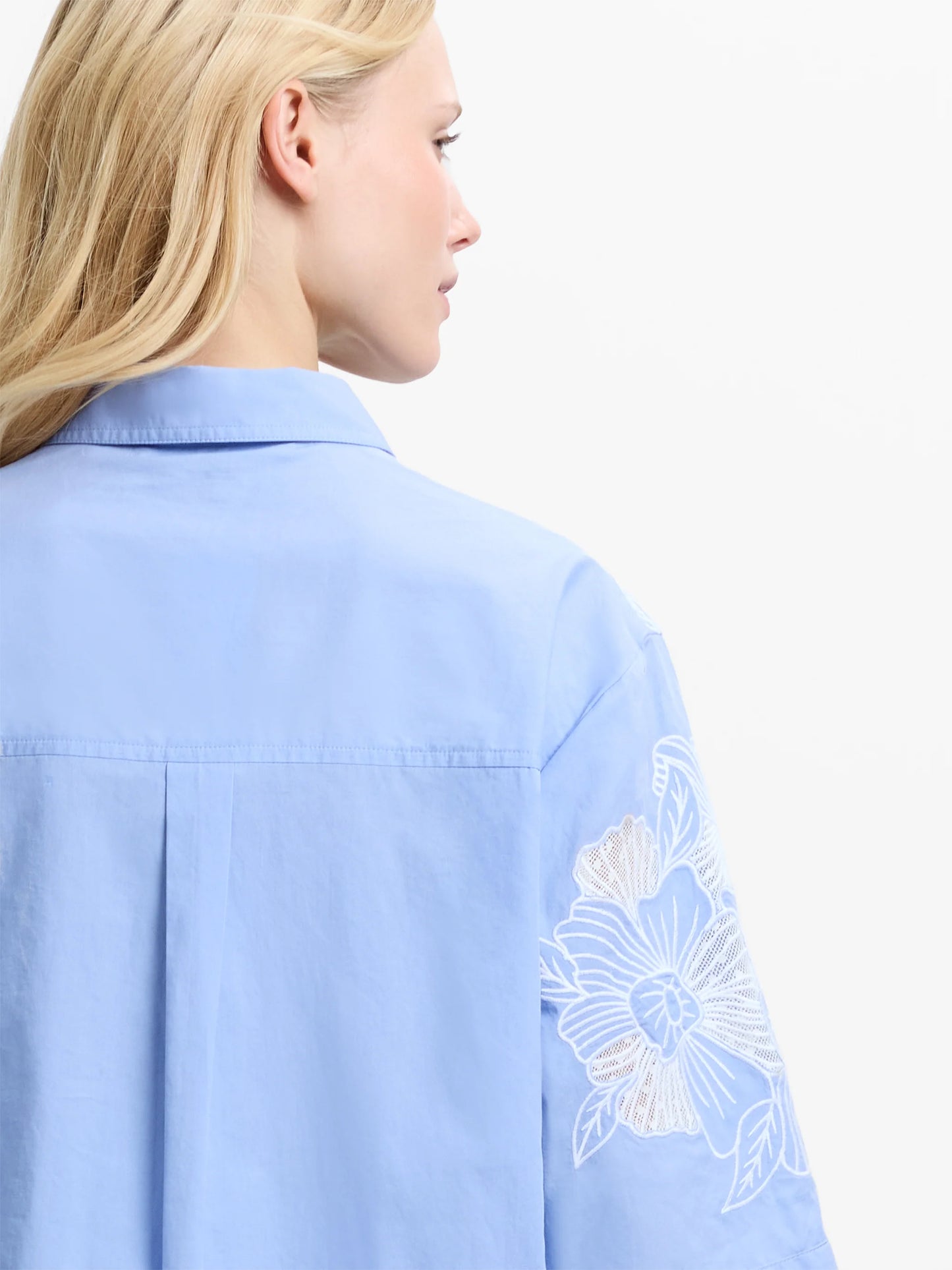 French Connection Cambria Floral Embroidered Blue Shirt
