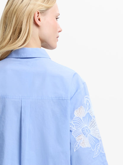 French Connection Cambria Floral Embroidered Blue Shirt
