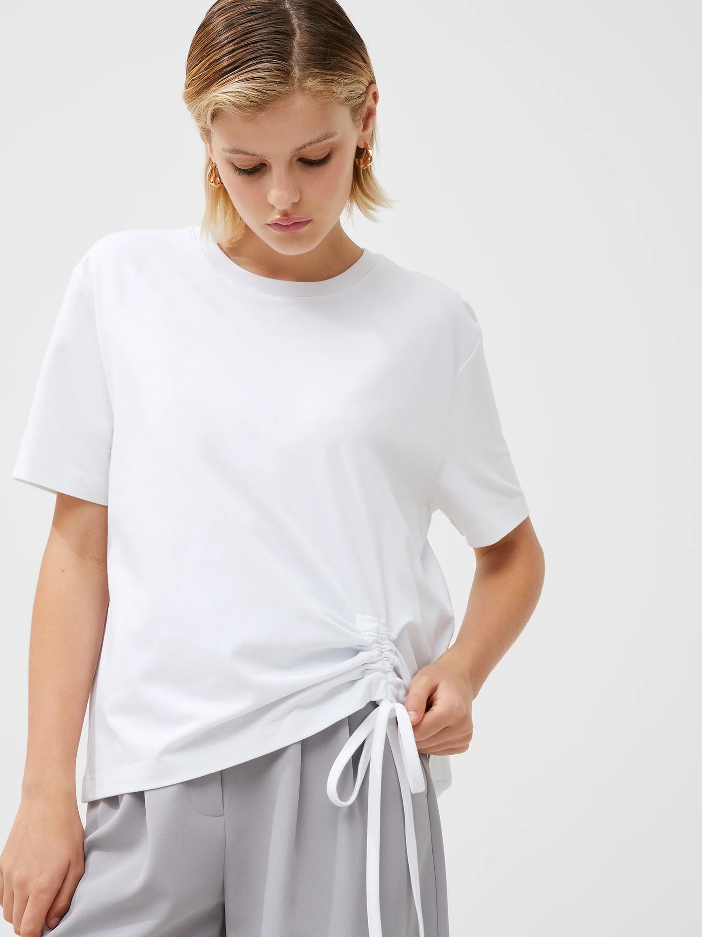 French Connection Cotton Rouched T-Shirt-Linen White