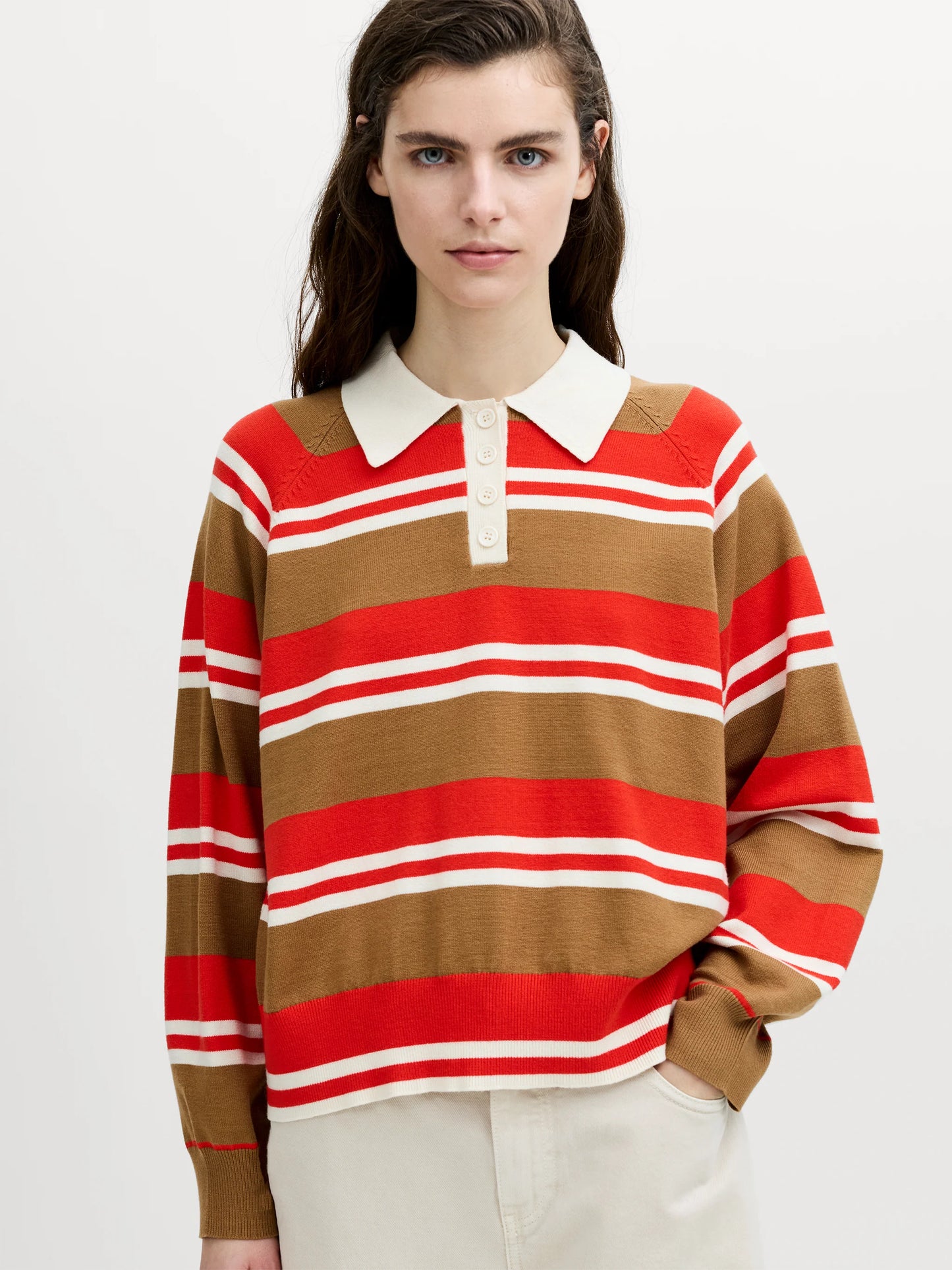 French Connection Yaz Stripe Polo Tobaco Neutrl