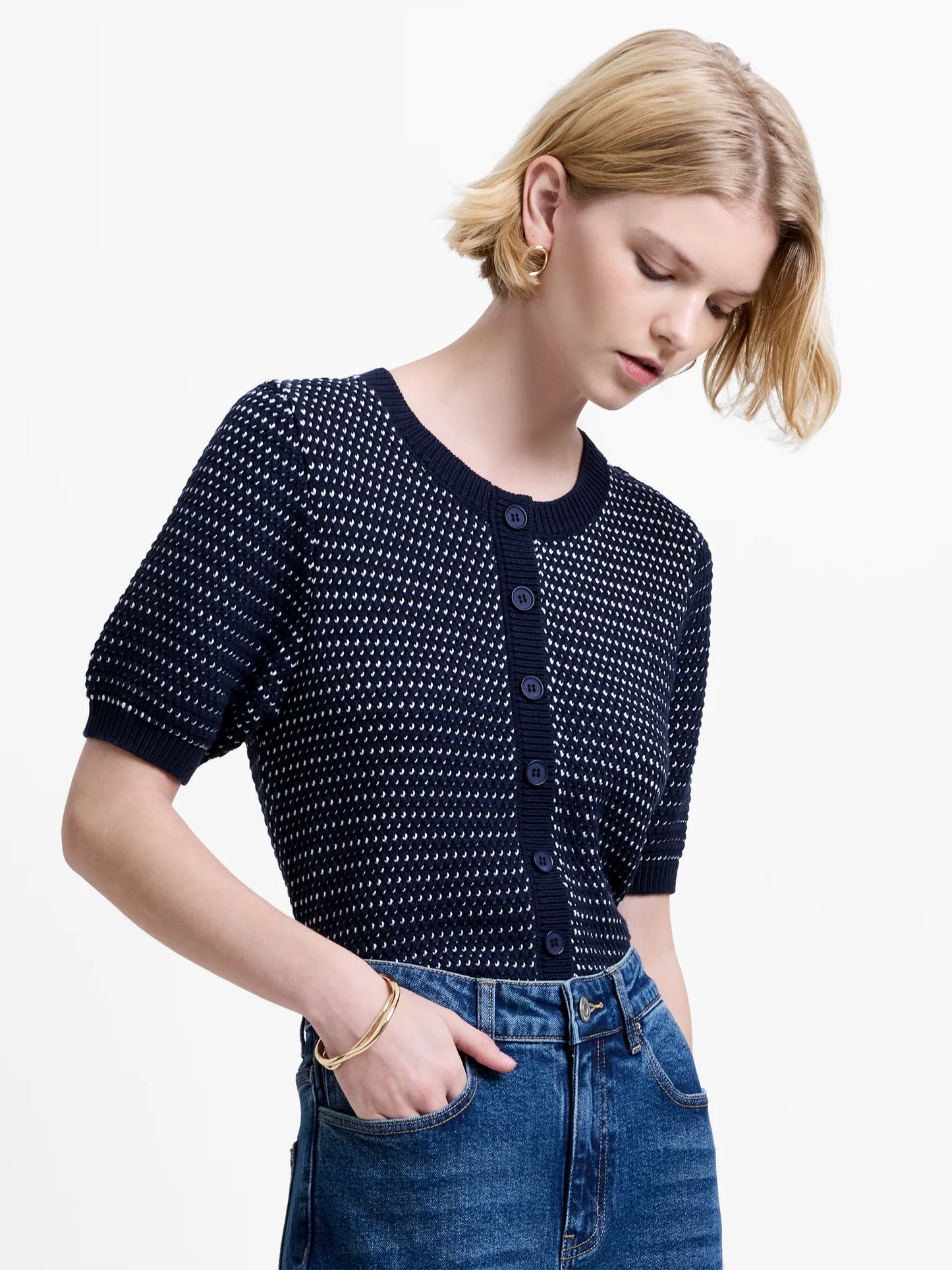 French Connection Haddie Faux Button Top Navy/White