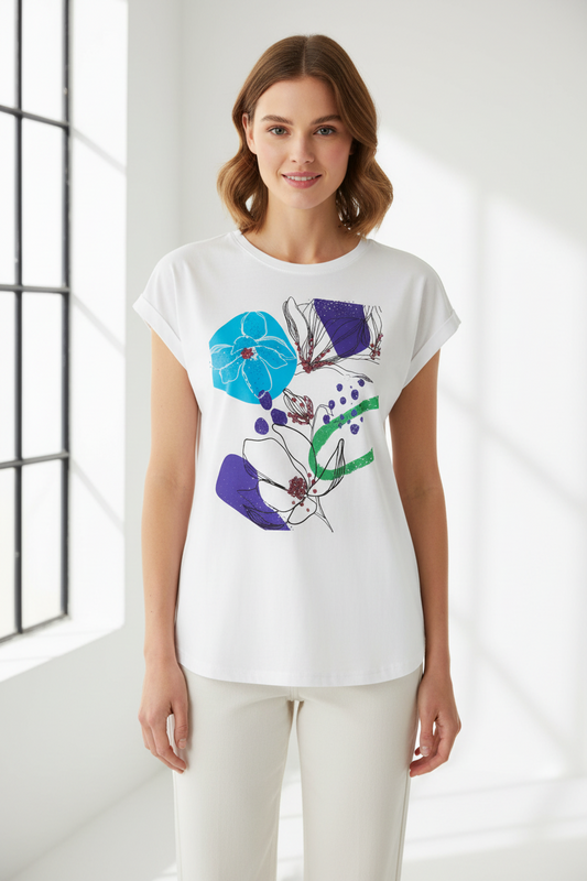 Amelia Embellished Flower T-Shirt-White
