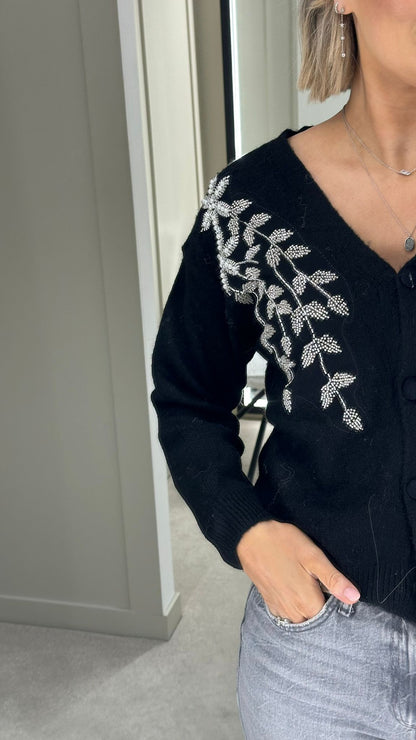 Kayla Floral Embellishment Cardigan Black