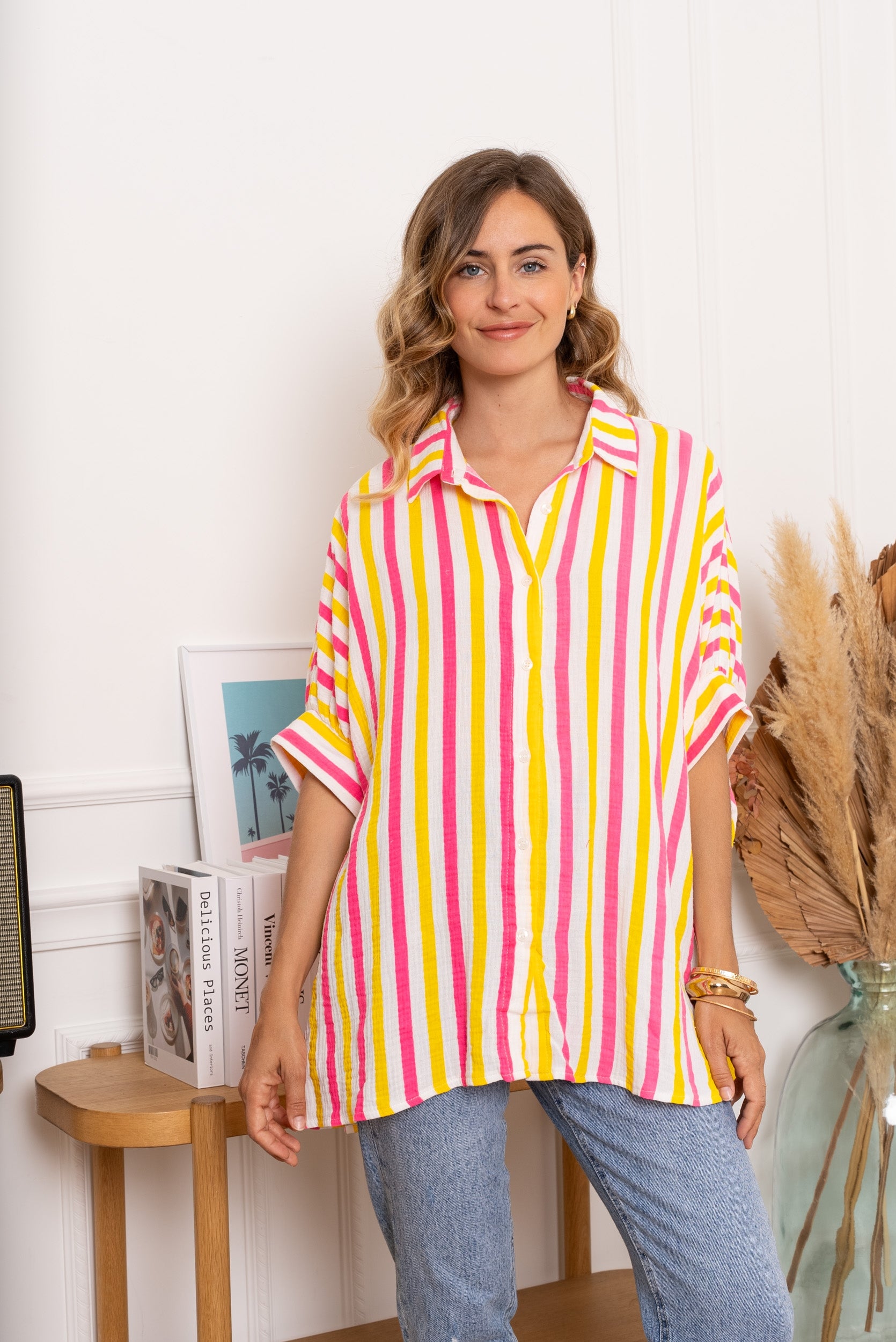 Killy Stripe Beach Shirt Fuchsia/Yellow