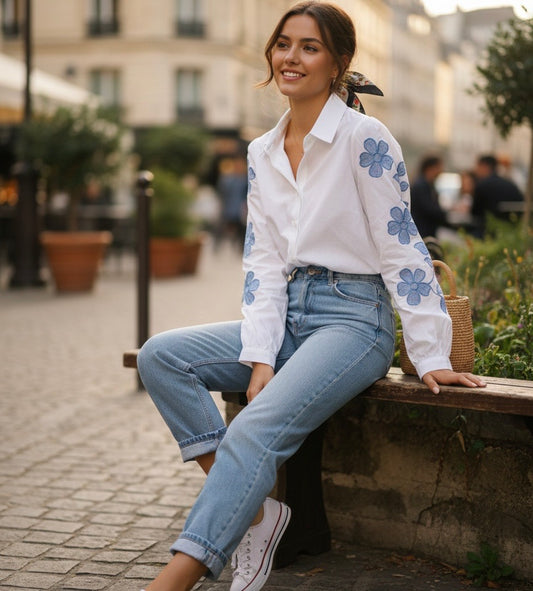 Emilie Flower Sleeve Detail Shirt-Blue