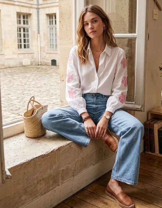 Emilie Flower Sleeve Detail Shirt-Pink