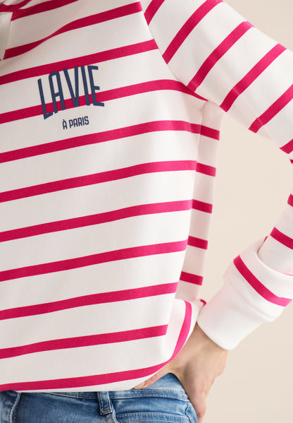 CECIL Striped Hoody Contrast Logo - Beetroot Pink