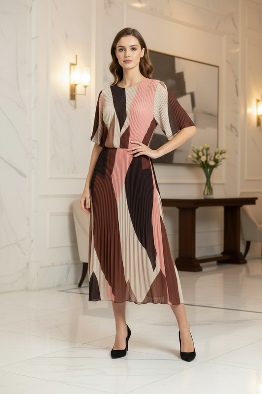 Kayla Pleated V-Neck Dress Autumnal Print